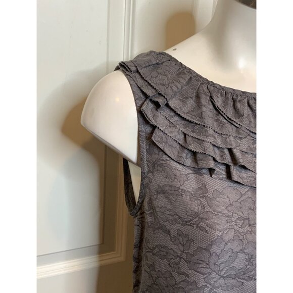 Theory Gray Floral Lace Print Silk Sleeveless Ruffle Top, Size P - Picture 3 of 10